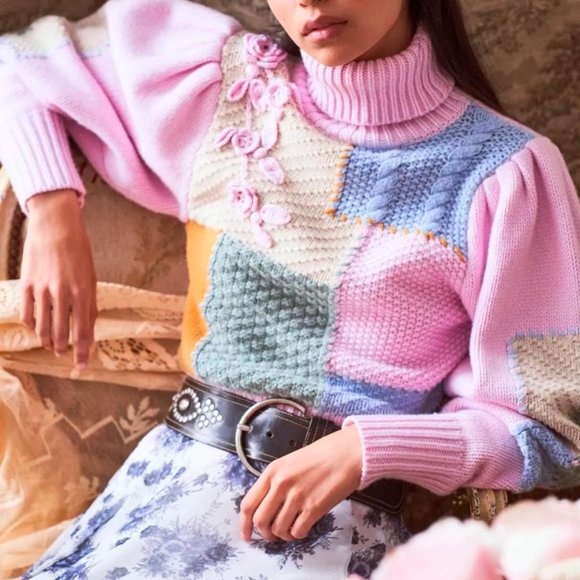 LoveShackFancy Allan Patchwork Knit Turtleneck Sweater - Picture 1 of 11